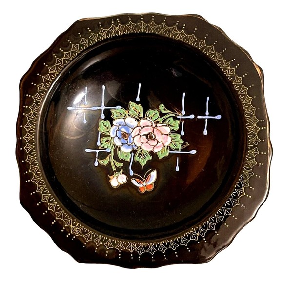 VTG Japanese Pedestal Dish Tashiro Shoten Black Hand Painted Flowers Butterfly - Picture 5 of 10